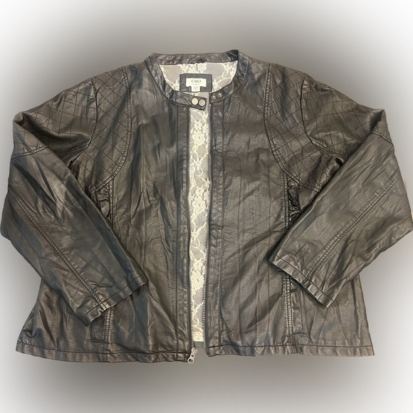 Cato Vegan Women's Leather Zip Front Moto 22/24W Jacket Black Pearl Floral‎ Lace - Picture 11 of 12